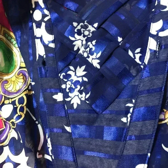 VINTAGE MAYEELOK V NECK PINK & BLUE PRINT BLOUSE GLAM 80’s - Picture 6 of 12